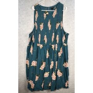Torrid Midi Challis Smocked Floral High Neck Dress Blue Teal Plus Size 6 6X
